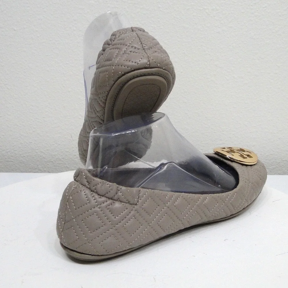 Tory Burch Minnie Travel Ballet Flats Quilted Leather Taupe Grey Gold Logo